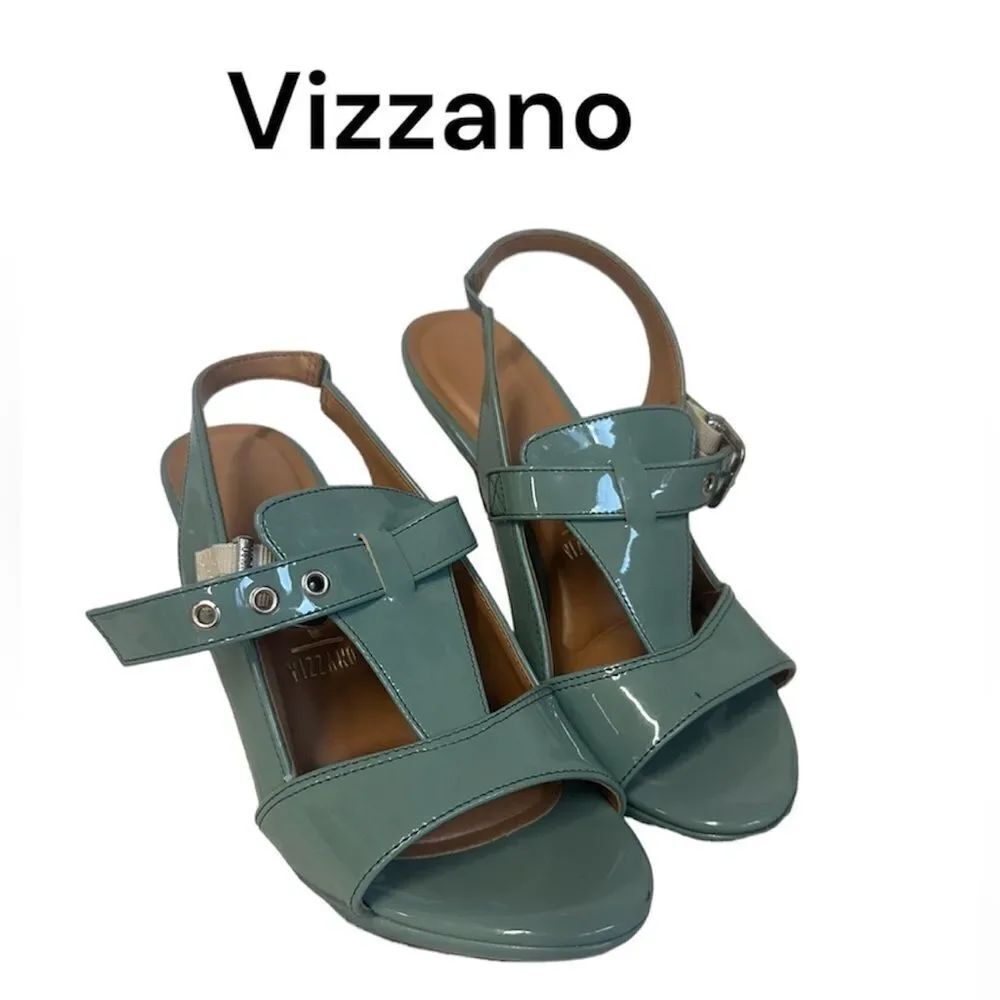 NEW Vizzano teal patent leather cut out heel sandal 8